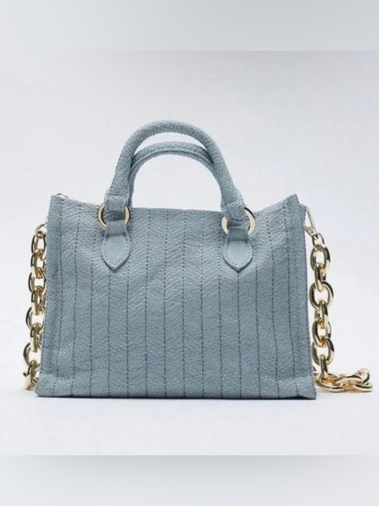Zara Handbags - ZARA Light Blue Small Satchel Top Handle Zip Bag Gold Hardware Detachable Strap